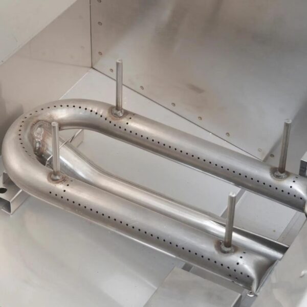 Stainless steel heat exchanger with perforated tubes and mounting rods, designed for efficient thermal transfer in industrial applications.