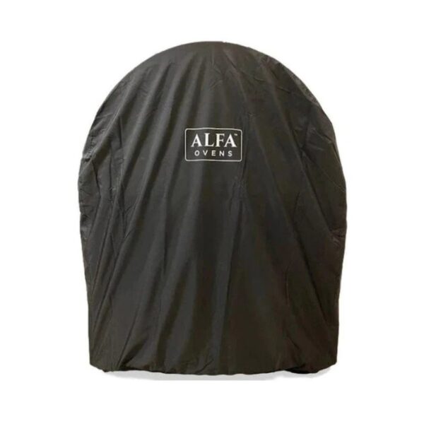 Black oven cover with Alfa Ovens logo, designed for protecting outdoor pizza ovens from weather elements.