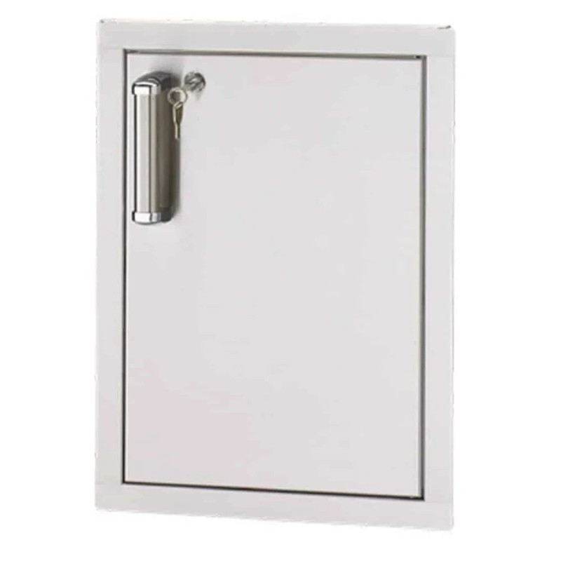 White metal storage cabinet with a door and a key lock for security.
