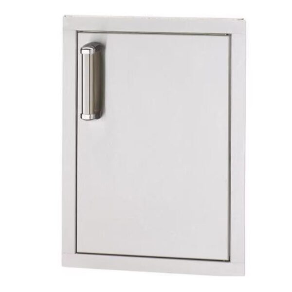 Stainless steel outdoor kitchen access door with a sleek design and modern handle.