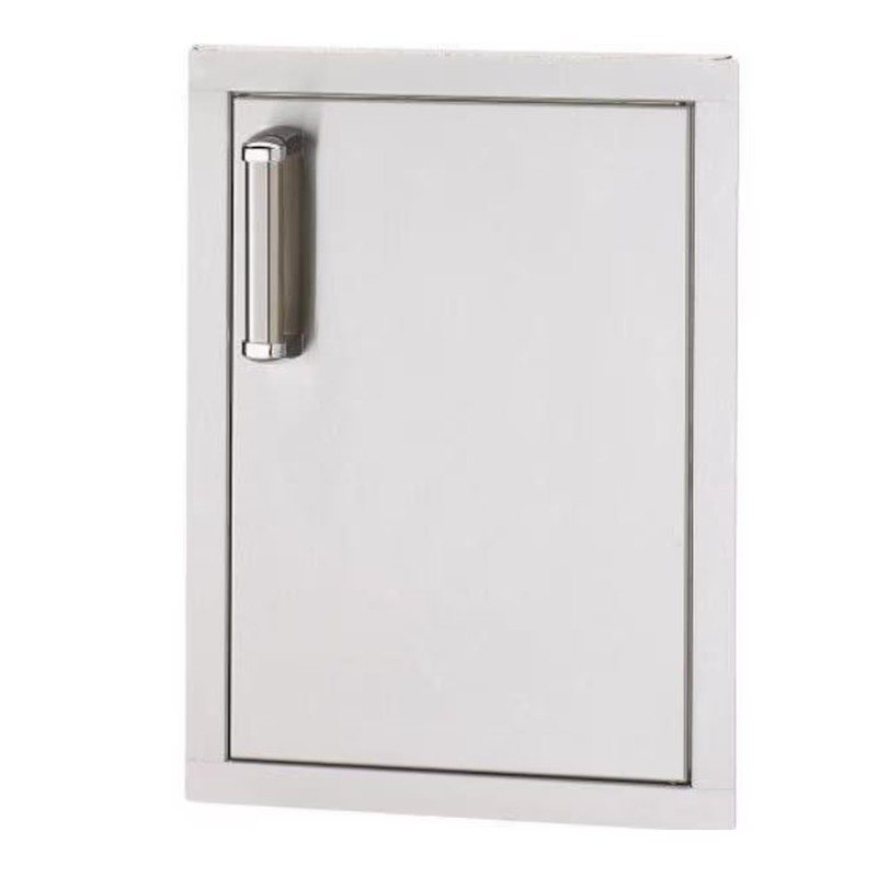Stainless steel outdoor kitchen access door with a sleek design and modern handle.