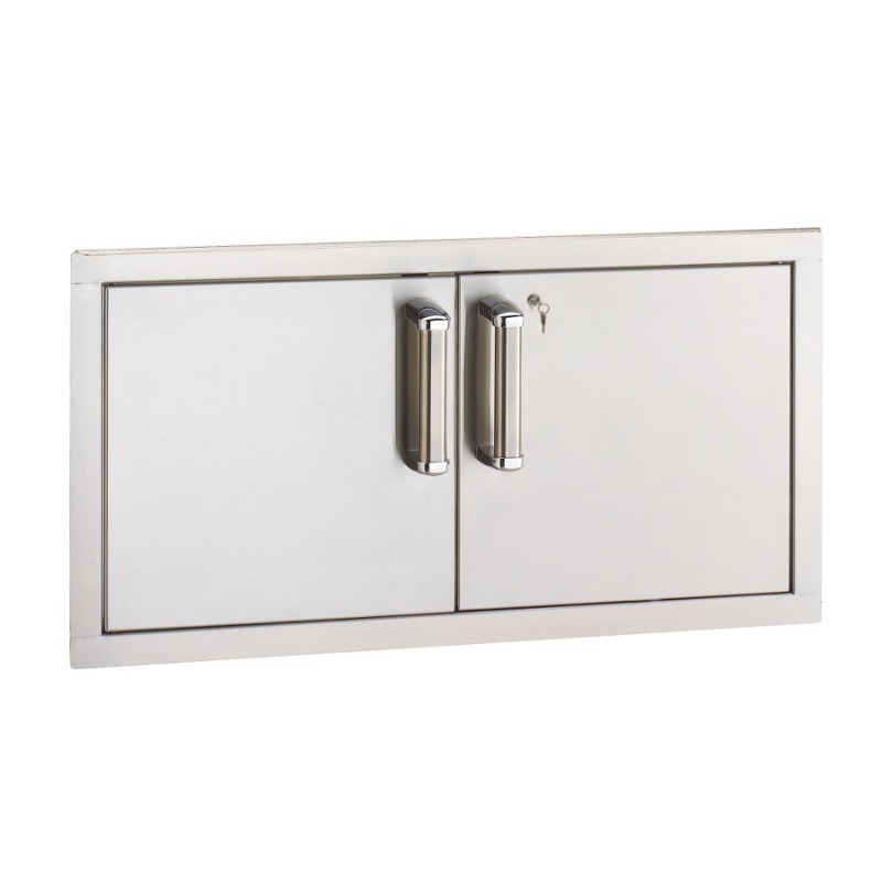 Stainless steel outdoor kitchen cabinet with double doors and sleek handles.