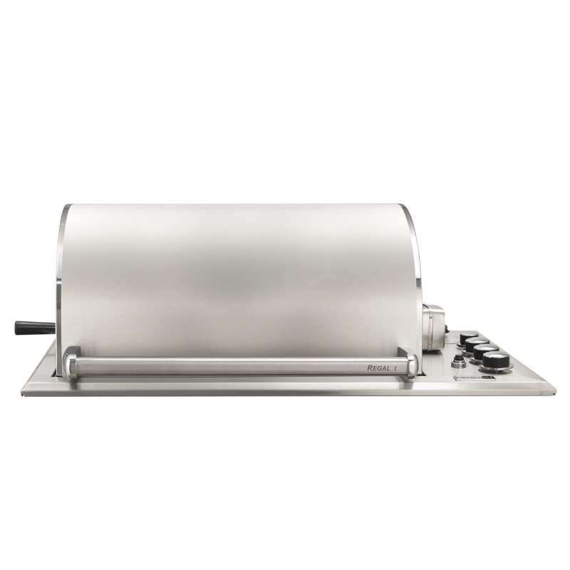 Stainless steel barbecue grill with a rounded lid and multiple control knobs on the side.