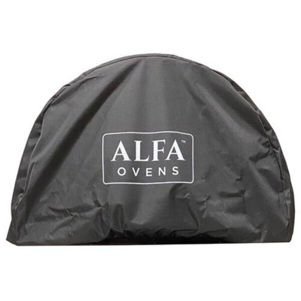 Black oven cover with "ALFA OVENS" logo displayed prominently on the front, designed for protecting outdoor ovens.