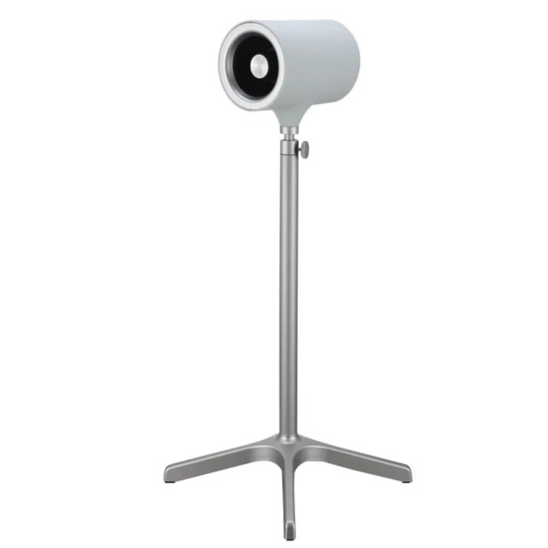 Modern standing speaker with a cylindrical white housing and a sleek metal base, ideal for contemporary audio setups.