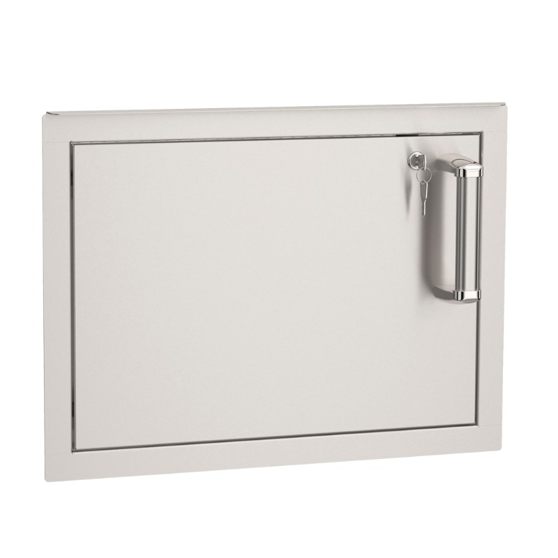 Stainless steel access panel with chrome handle and key lock, designed for convenient access to plumbing or electrical systems.