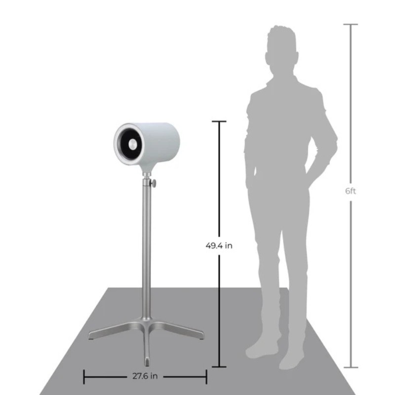 Modern standing fan design with a cylindrical head, dimensions of 49.4 inches tall and 27.6 inches wide, alongside a silhouette of a 6-foot person for scale.