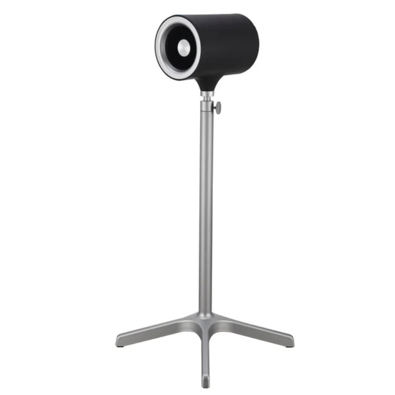 Modern black and silver speaker on a tripod stand, designed for efficient sound projection in contemporary settings.