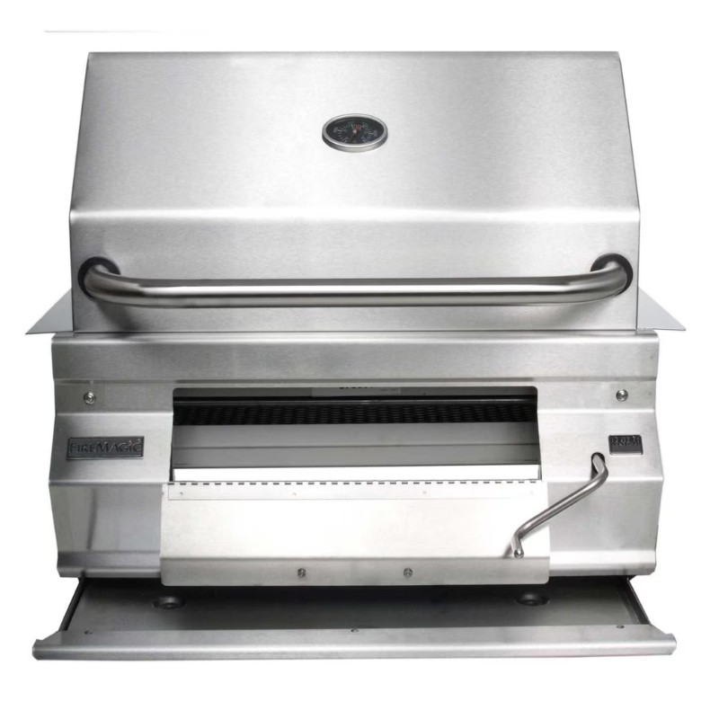 Stainless steel outdoor grill with a dual-purpose cooking surface and built-in thermometer, ideal for barbecuing and grilling.