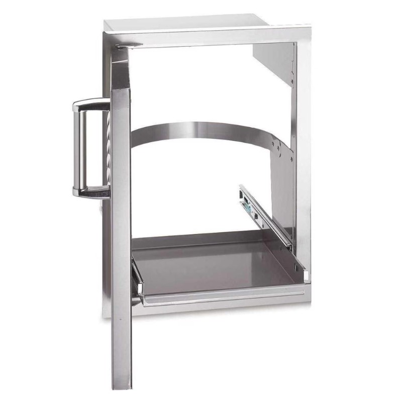 Stainless steel outdoor kitchen drawer with a handle and smooth sliding mechanism for storage.