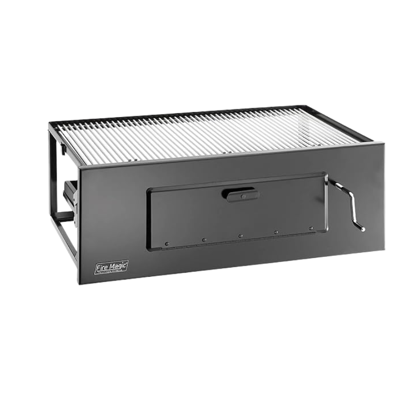 e92e69fe-20fd-41d4-ad90-aa18c6e5977d.png Fire Magic built-in gas grill featuring a black stainless steel exterior and a durable cooking grate, designed for outdoor grilling enthusiasts.