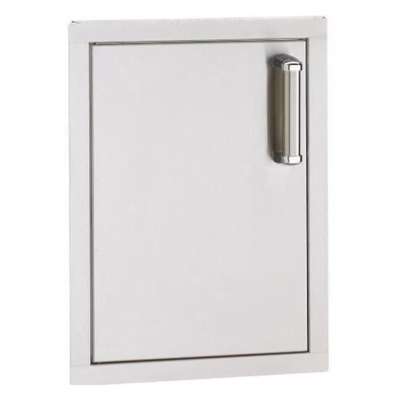 Stainless steel outdoor cabinet door with sleek handle for durable storage solutions.