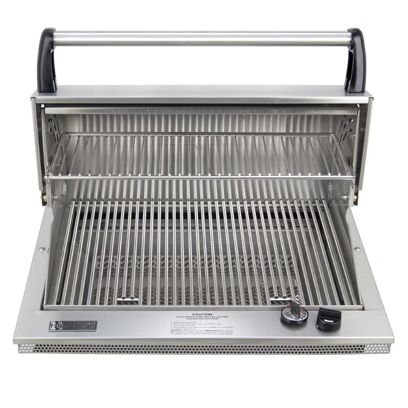 Stainless steel gas grill with dual cooking racks and a built-in thermometer, ideal for outdoor barbecuing.