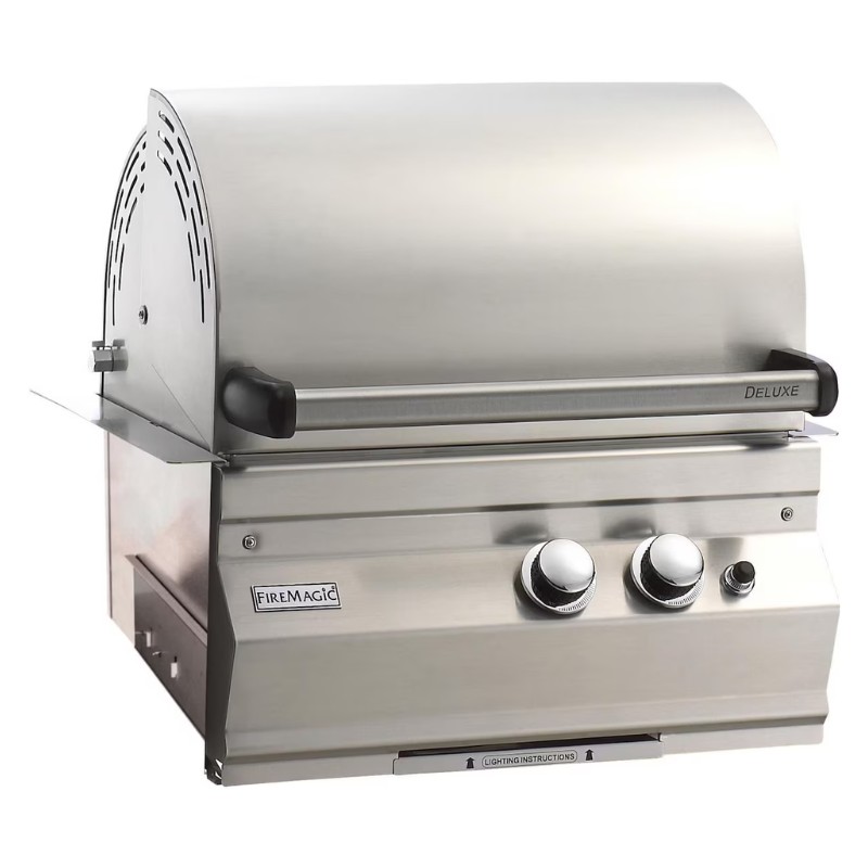 Stainless steel outdoor gas grill with dual knobs and a rounded hood, ideal for barbecuing.
