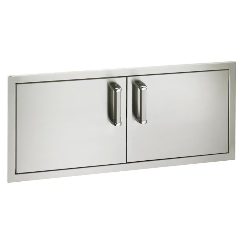 Stainless steel outdoor kitchen access doors with sleek handles, perfect for enhancing outdoor living spaces.