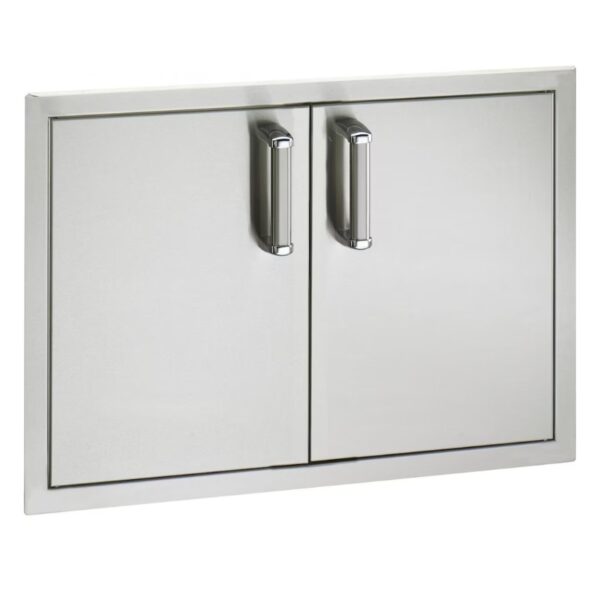 Stainless steel outdoor kitchen cabinet doors with sleek handles for modern design.