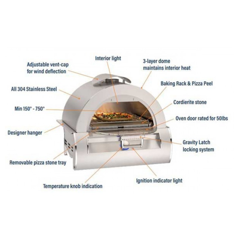 Stainless steel pizza oven with adjustable vent cap, interior light, and removable pizza stone tray. Features include a 3-layer dome for heat retention, temperature knob, ignition indicator light, and gravity latch locking system. Suitable for outdoor use with a capacity of 50lbs.