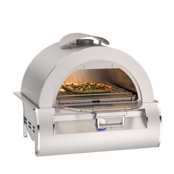 Wood-fired pizza oven with a dome design, showcasing a pizza being cooked on a rack inside, ideal for outdoor cooking enthusiasts.