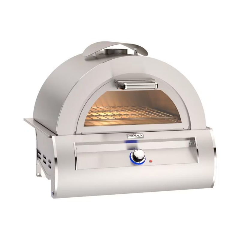 Stainless steel outdoor pizza oven with a dome-shaped lid, a glass front for visibility, and a temperature control knob, designed for efficient and stylish cooking.