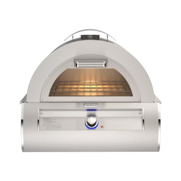 Stainless steel outdoor pizza oven with dome-shaped top, glass door, and temperature control knob, designed for efficient cooking and grilling.
