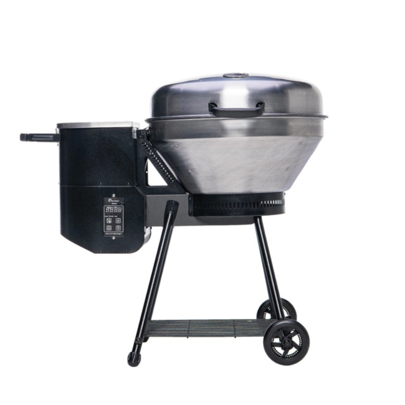 Stainless steel grill with digital controls and sturdy wheels, designed for outdoor cooking.