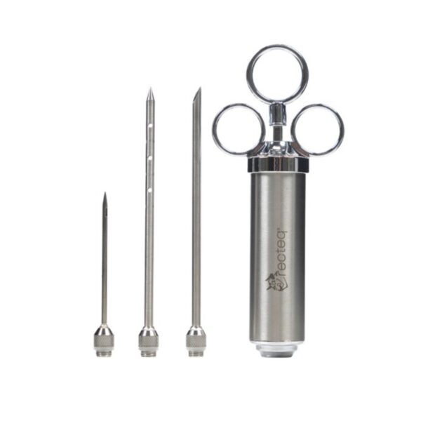 Stainless steel injection syringe set with three interchangeable needles, used for marinating meat and injecting flavors.