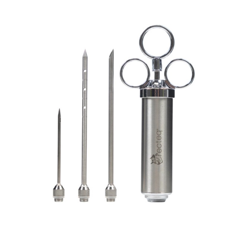 20863dd6-8a57-43db-9da9-8fe5dad4c75a.jpg Stainless steel injection syringe set with three interchangeable needles, used for marinating meat and injecting flavors.