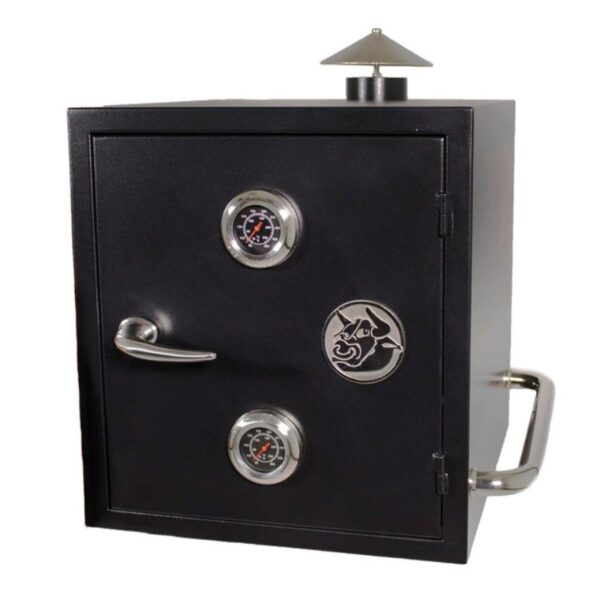 Black vertical smoker with dual temperature gauges and a stainless steel handle, designed for outdoor grilling and smoking.