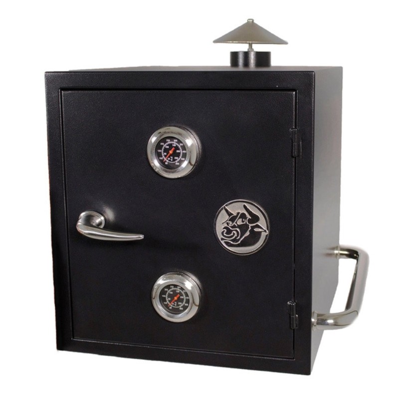 27779ea0-c388-4388-91ca-f332d11fcb16.jpg Black vertical smoker with dual temperature gauges and a stainless steel handle, designed for outdoor grilling and smoking.