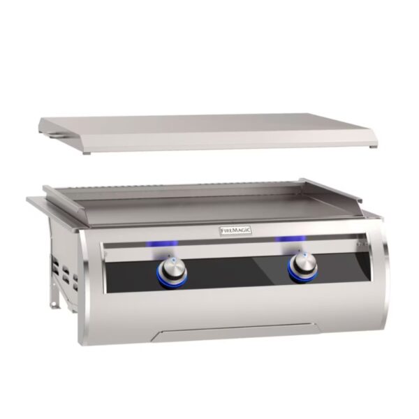 Stainless steel outdoor grill with two control knobs and blue LED accents, featuring a lid positioned above for cooking convenience.