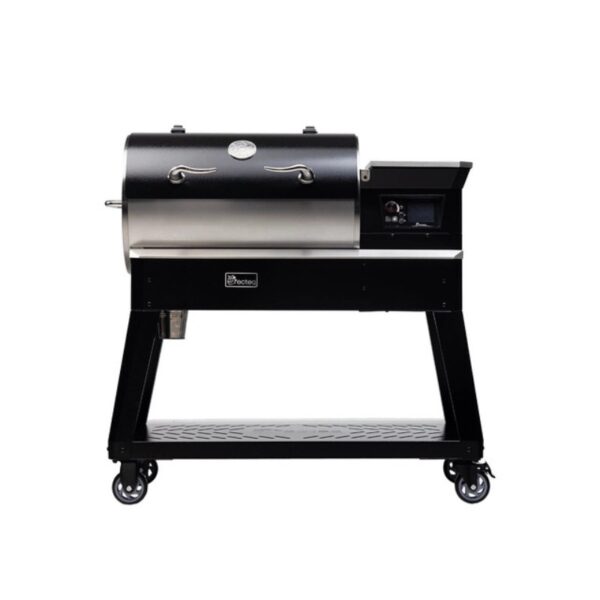 Black and silver pellet grill on a wheeled stand, featuring a digital control panel, storage shelf, and stainless steel accents, ideal for outdoor cooking.
