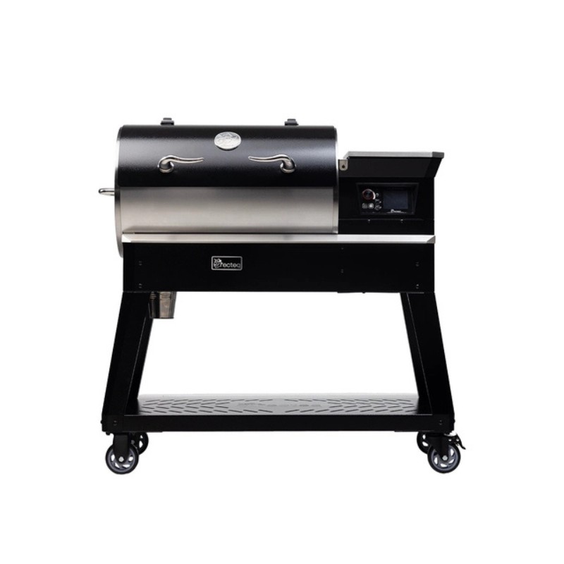 Black and silver pellet grill on a wheeled stand, featuring a digital control panel, storage shelf, and stainless steel accents, ideal for outdoor cooking.