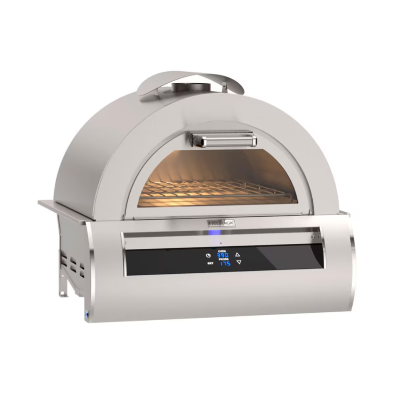 Stainless steel outdoor pizza oven with digital controls, viewing window, and interior lighting for optimal cooking.