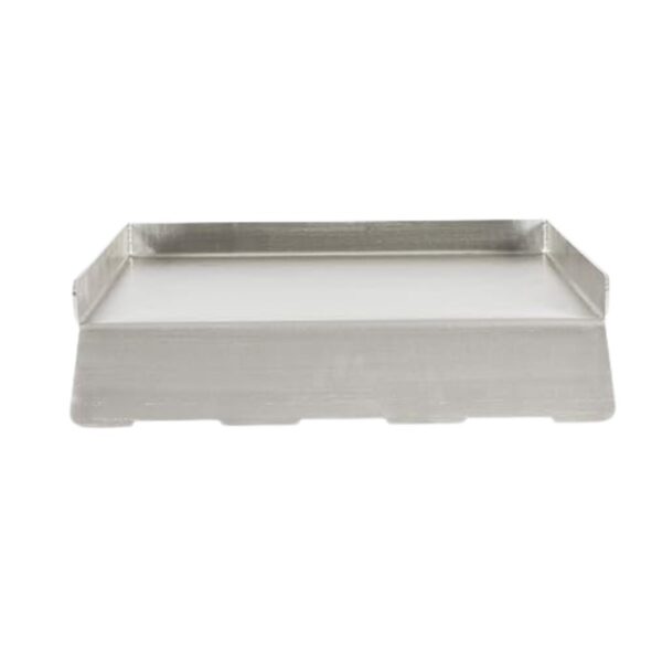 Metal serving tray with a white surface and raised edges, suitable for food or decorative display.
