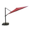 Red cantilever patio umbrella with a sturdy black base, ideal for outdoor shading and sun protection.
