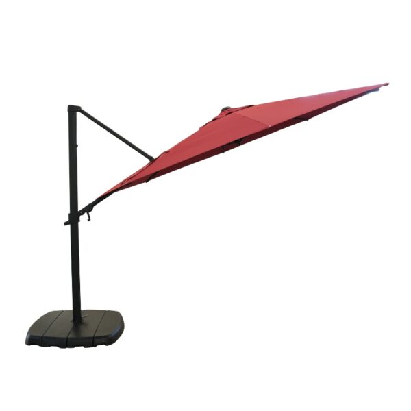 Red cantilever patio umbrella with a sturdy black base, ideal for outdoor shading and sun protection.