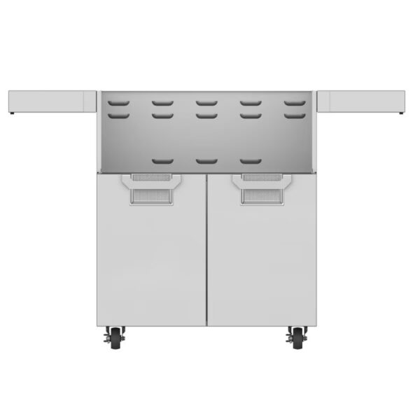 Commercial kitchen equipment featuring a stainless steel prep table with two storage compartments and wheels for mobility.