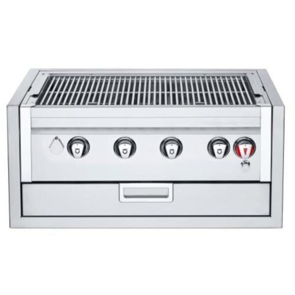 Stainless steel outdoor grill with four control knobs and a storage drawer, designed for high-performance grilling.