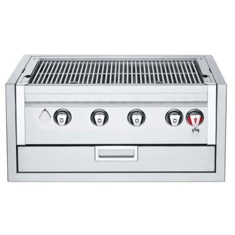 029b673d-6714-41e5-a5b2-510625b9f077.jpg Stainless steel outdoor grill with four control knobs and a storage drawer, designed for high-performance grilling.