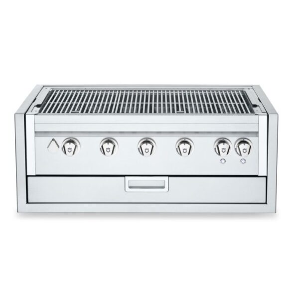 Stainless steel outdoor grill with five control knobs and a large cooking surface, designed for efficient grilling.