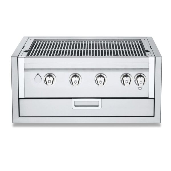 Stainless steel built-in gas grill with four knobs and a cooking grate, designed for outdoor kitchens.