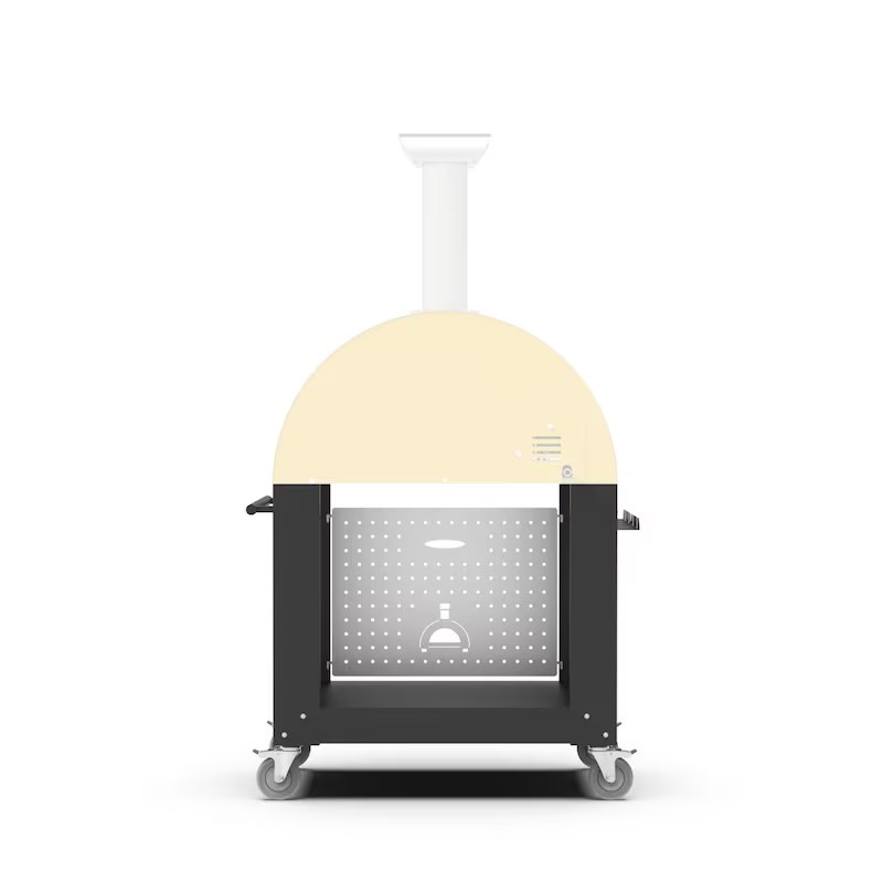 Outdoor pizza oven with a rounded dome design and a mobile base featuring wheels for easy movement.