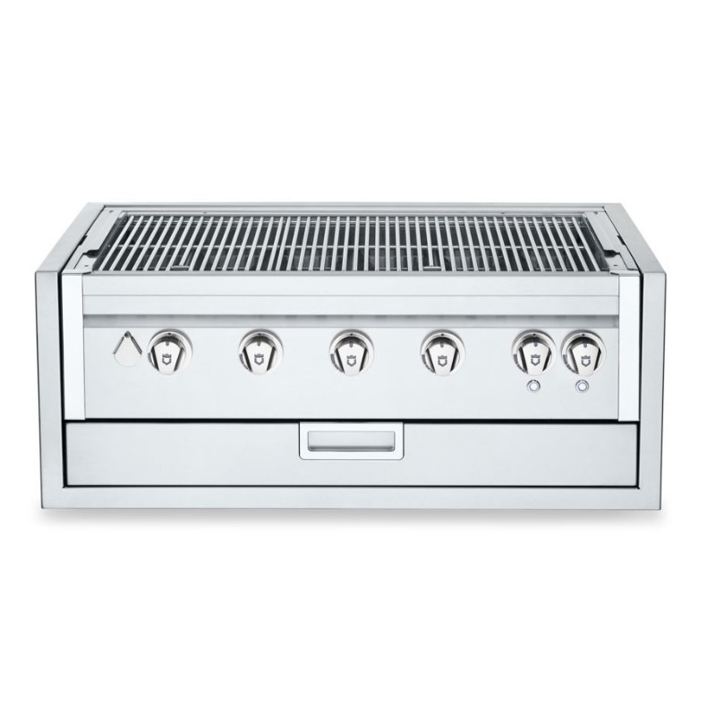 2f17aef5-0d0d-492e-b468-0b6655aa7fb7.jpg Stainless steel outdoor grill with five control knobs and a storage drawer, designed for efficient cooking and durability.