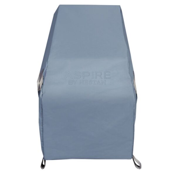 Gray grill cover by Hestan, featuring "Aspire" branding and side straps for secure fastening.