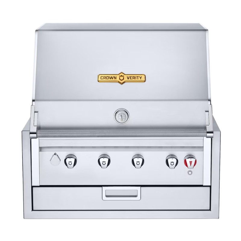 35d6ea14-e58a-4d5e-bd9f-6f62dc967c6e.jpg Stainless steel outdoor grill with four burners and a temperature gauge, featuring a sleek design and a front drawer for storage.