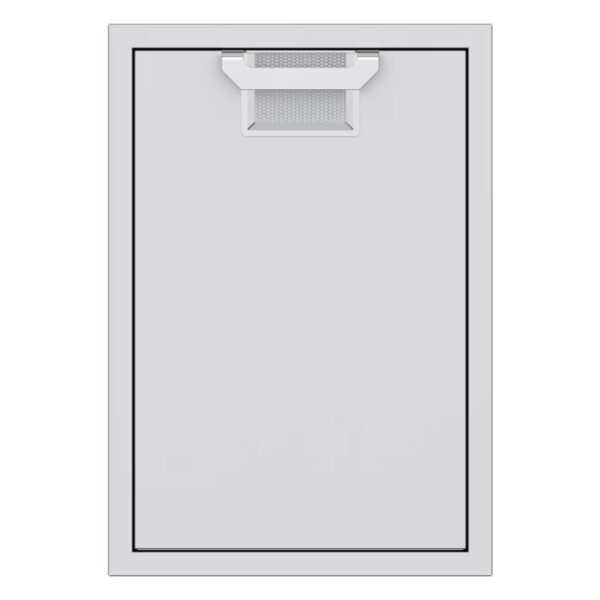 White cabinet door with a sleek handle and a mesh vent, designed for modern cabinetry or storage solutions.