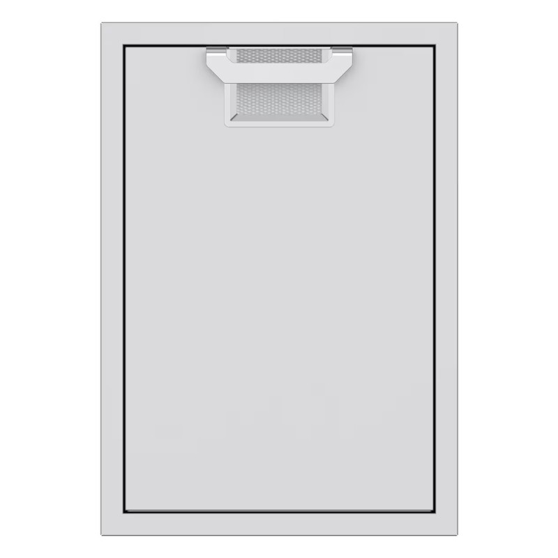 White cabinet door with a sleek handle and a mesh vent, designed for modern cabinetry or storage solutions.