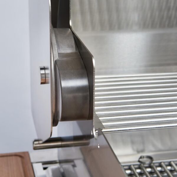 Close-up of a stainless steel grill element with a sleek design, featuring a rolling mechanism and horizontal grates for cooking.