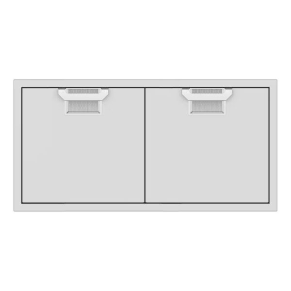 Double-door storage cabinet in white with sleek metal handles, suitable for organizing various items in home or office settings.