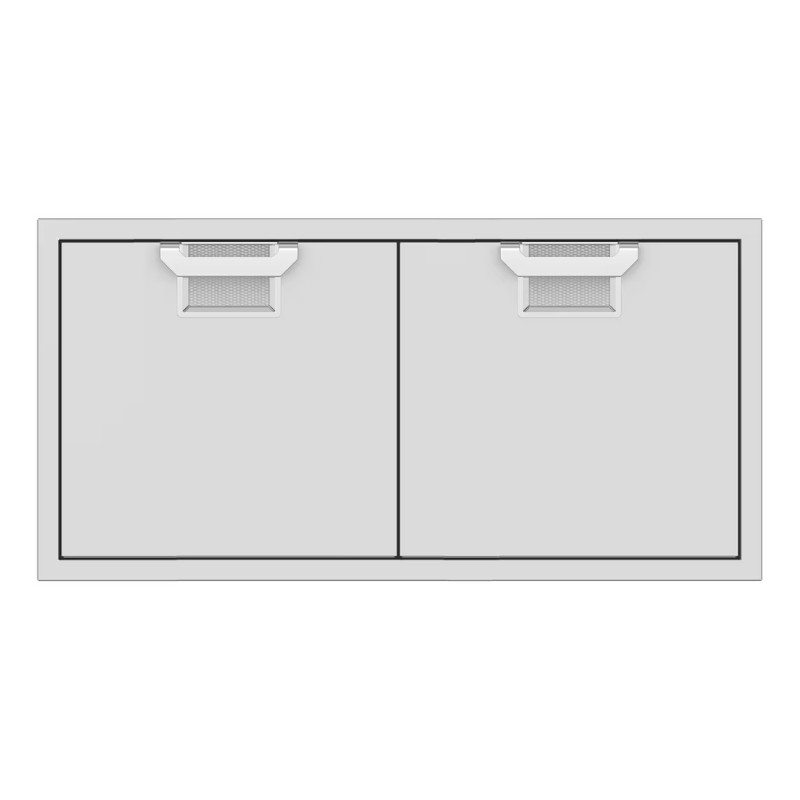 Double-door storage cabinet in white with sleek metal handles, suitable for organizing various items in home or office settings.